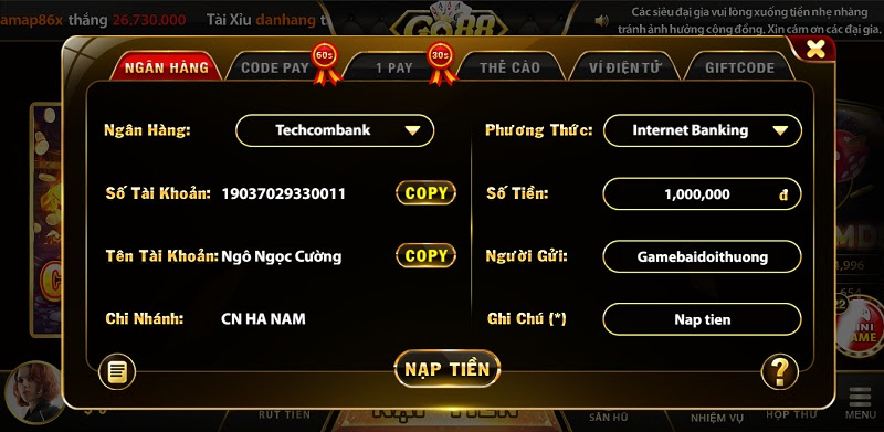 Nạp tiền tại cổng game bài Go88 Win