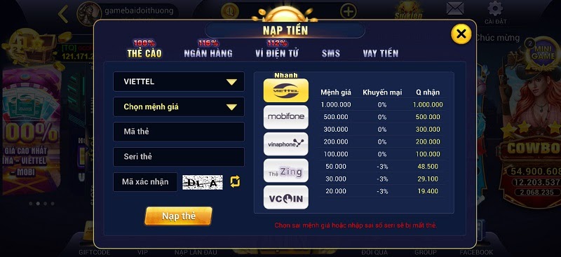 Nạp tiền tại cổng game Thanquay247