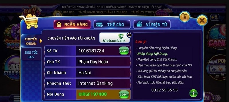 Cách nạp tiền tại cổng game Rikvip