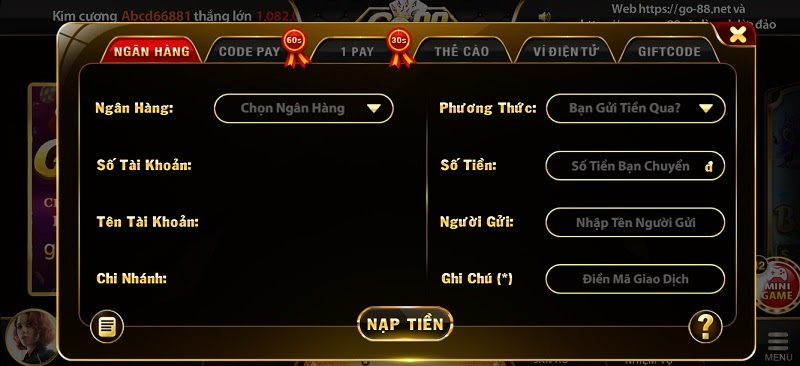 Nạp tiền tại cổng game Go88