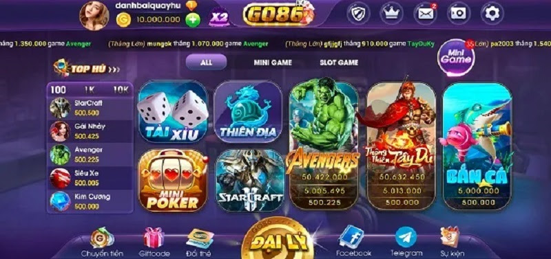 Giao diện tại Go86 vô cùng sang trọng với game màu tím