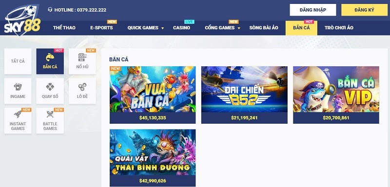 Các tựa game tại khu vực bắn cá Sky88